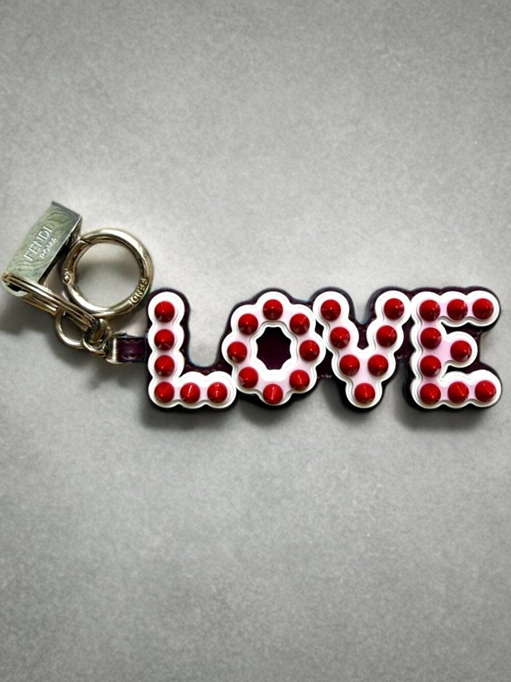 Fendi Red Studded Love Purple Leather Keychain Bag Charm